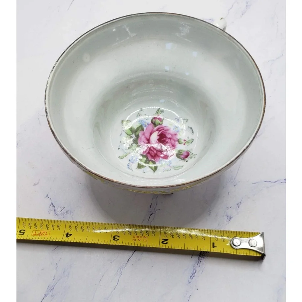 Porcelain Lusterware Pink Rose With Gold Trim Footed Teacup & Saucer Set